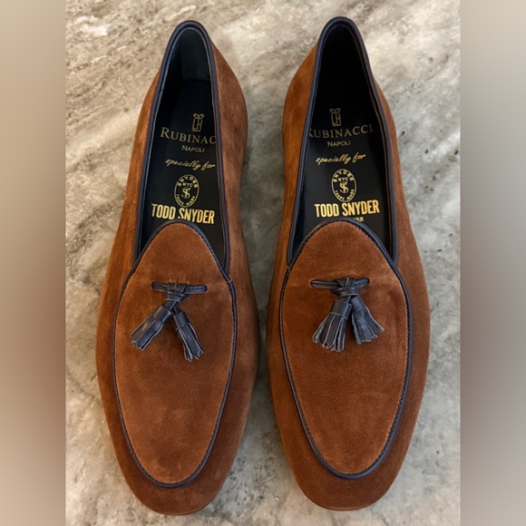 RUBINACCI X Todd Snyder Marphy Tobacco Suede w Blue Belgian Shoes Loafers 40 / 7